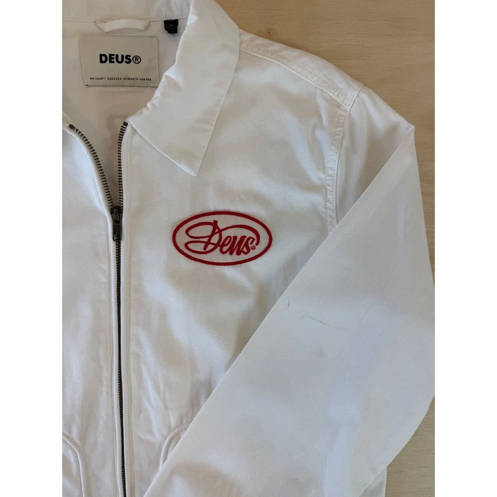 Deus Ex Machina Gulf Drizzler Jacket White Red Embroidered Moto Mechanic - S